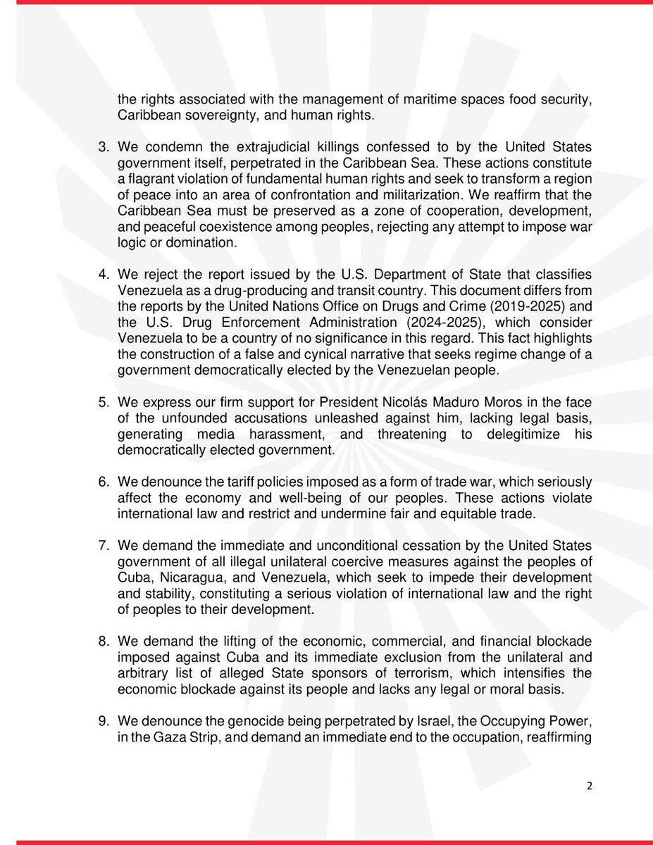 churritafree2's tweet image. #Declaration 📄 The 26th Political Council of ALBA-TCP reaffirms the Proclamation of Latin America and the Caribbean as a Zone of Peace.

Inspired by the resistance of our  indigenous peoples in the face of colonization; by the emancipatory 
#UnidosNosotrosVenceremos
🇻🇪✨