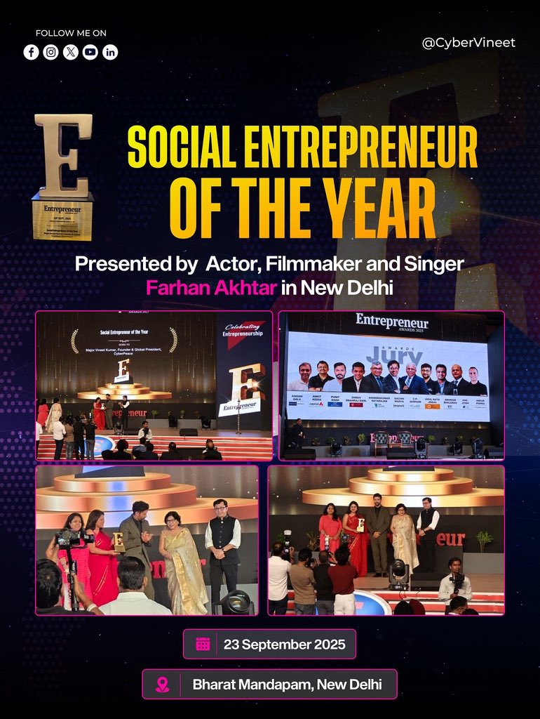 Vineet Kumar (@cybervineet) on Twitter photo Honoured to receive the @entrepreneur @entrepreneurIND Magazine Social Entrepreneur of the Year award on 23 September, 2025 at Bharat Mandapam, New Delhi presented by Actor, Filmmaker and Singer Farhan Akhtar <a href="/FarOutAkhtar/">Farhan Akhtar</a>.
Thank you Entrepreneur Magazine & the esteemed jury Honoured to receive the @entrepreneur @entrepreneurIND Magazine Social Entrepreneur of the Year award on 23 September, 2025 at Bharat Mandapam, New Delhi presented by Actor, Filmmaker and Singer Farhan Akhtar <a href="/FarOutAkhtar/">Farhan Akhtar</a>.
Thank you Entrepreneur Magazine & the esteemed jury