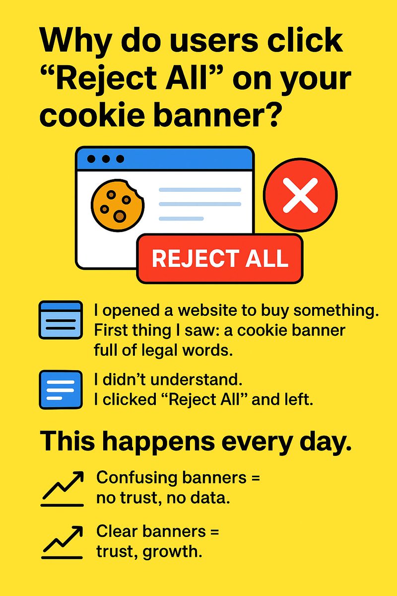 𝗪𝗵𝘆 𝗱𝗼 𝘂𝘀𝗲𝗿𝘀 𝗰𝗹𝗶𝗰𝗸 “𝗥𝗲𝗷𝗲𝗰𝘁 𝗔𝗹𝗹” 𝗼𝗻 𝘆𝗼𝘂𝗿 𝗰𝗼𝗼𝗸𝗶𝗲 𝗯𝗮𝗻𝗻𝗲𝗿?

I opened a website to buy.
First thing I saw: a cookie banner full of legal words.
I didn’t understand. I clicked “Reject All” and left.

How do you design your cookie consent?