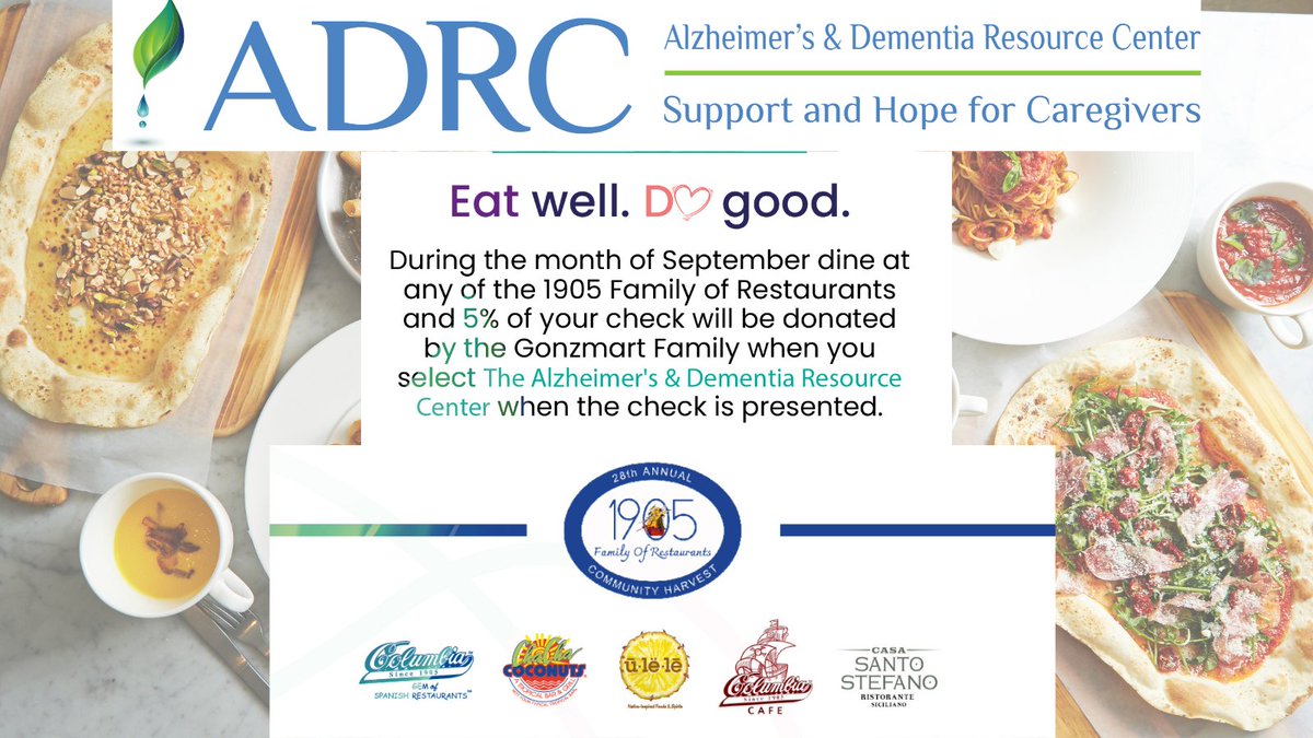 What's for dinner? How about <a href="/Columbia1905/">Columbia Restaurant</a>
<a href="/Uleletampa/">Ulele</a> <a href="/ChaCha_Coconuts/">Cha Cha Coconuts</a> or
<a href="/SantoStefanoTPA/">Casa Santo Stefano</a> ?
During September, these great restaurants will donate 5% of your bill to ADRC when you choose us as your charity! The offer is valid at all of their locations. #fundraiser #eatwelldogood