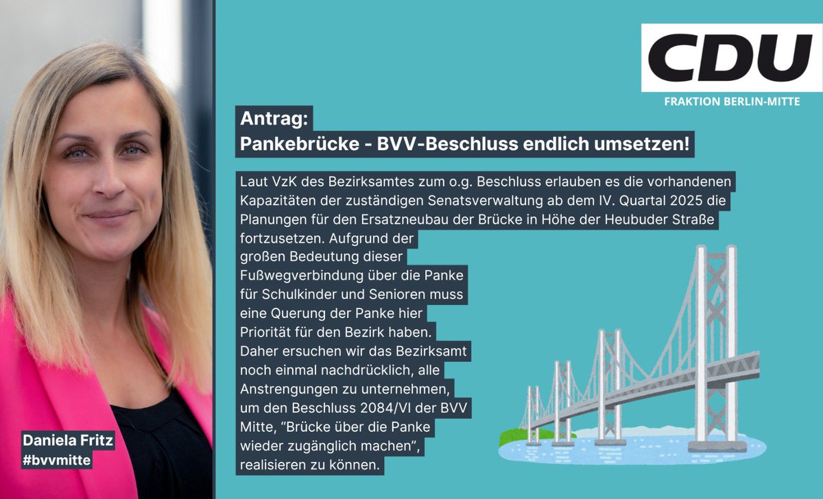 Unser Antrag zur bisher nicht erfolgten Umsetzung des BVV-Beschlusses zum Wiederaufbau der Pankebrücke wurde zur weiteren Beratung von der BVV Mitte in den zuständigen Fachausschuss überwiesen.
#bvvmitte