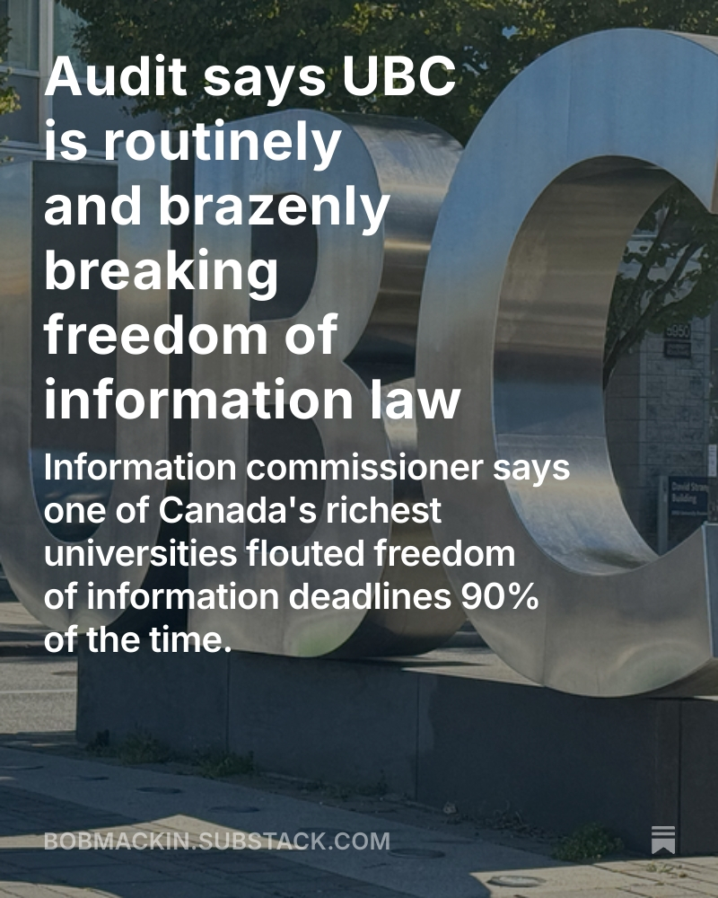 bobmackin's tweet image. University in @Dave_Eby riding has one of the worst FOI records in B.C. #bcpoli #bced #ubc #cdnfoi 
open.substack.com/pub/bobmackin/…