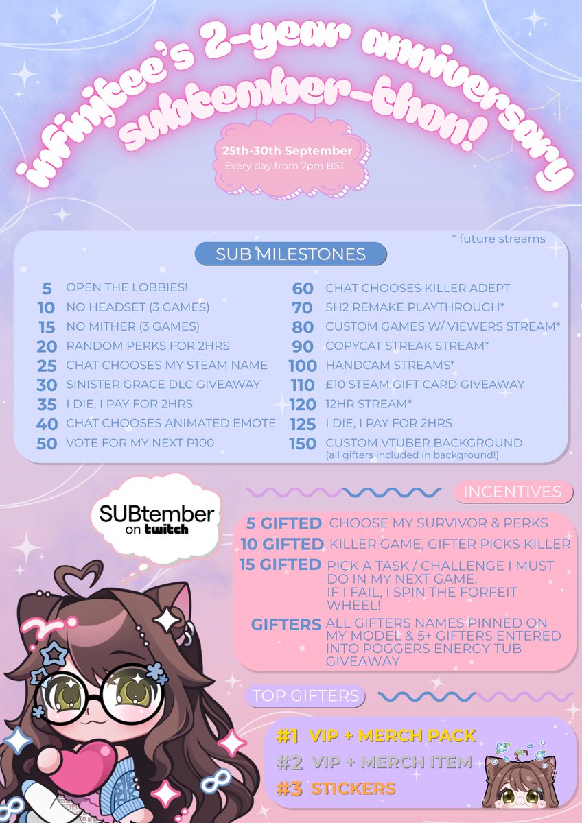 IT’S TIME!
day one of my 2-year affiliate anniversary subtember-thon starts NOW!

every sub gifted over the next 5 days counts towards the below milestones! let’s have some fun! 🩵

link below &amp; in bio 🔗