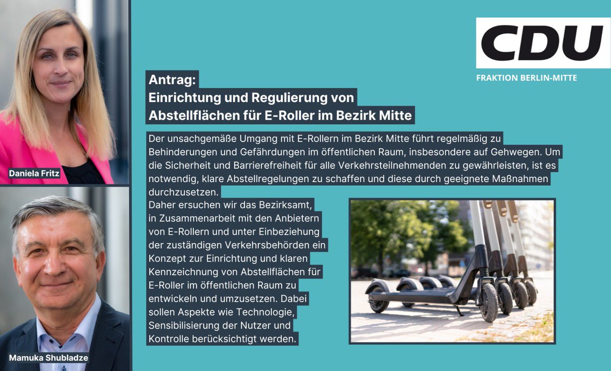 Unser Antrag zum E-Roller-Chaos auf den Straßen unseres Bezirks wurde zur weiteren Beratung von der BVV Mitte in den zuständigen Fachausschuss überwiesen.
#bvvmitte