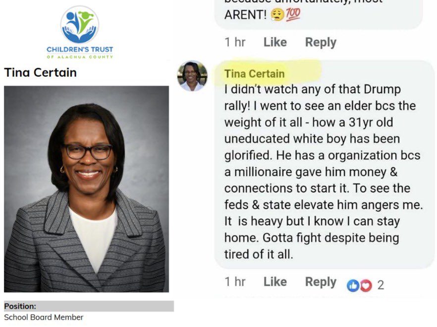 Tina Certain, a school board member for @AlachuaSchool in FL, made a post online MOCKING Charlie Kirk's funeral event, calling Charlie an "uneducated white boy."

This person is in charge of your kids’ education.

Any comment <a href="/AlachuaSchools/">Alachua Schools</a>?