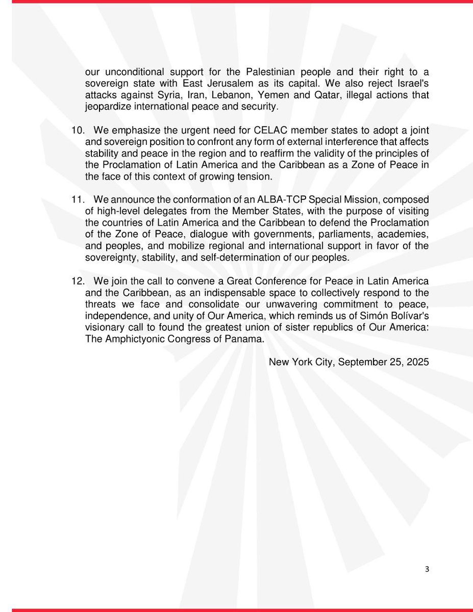 BeliceVenezuel2's tweet image. #Declaration The 26th Political Council of ALBA-TCP reaffirms the Proclamation of Latin America and the Caribbean as a Zone of Peace.

Inspired by the resistance of our  indigenous peoples in the face of colonization; by the emancipatory and anti-imperialist feats of Bolivar.