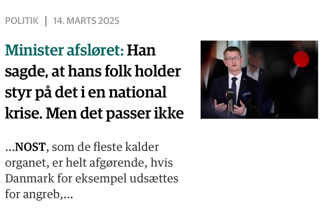 I dagens anledning vil jeg lige fortælle, at det er meningen at NOST - National Operativ Stab - skal flyttes væk fra Rigspolitiet og over til det ret kritiserede beredskabsministerium. 

En flytning som forekommer at sejle en del.

Links til <a href="/jyllandsposten/">Jyllands-Posten</a>’s artikler i comments.
