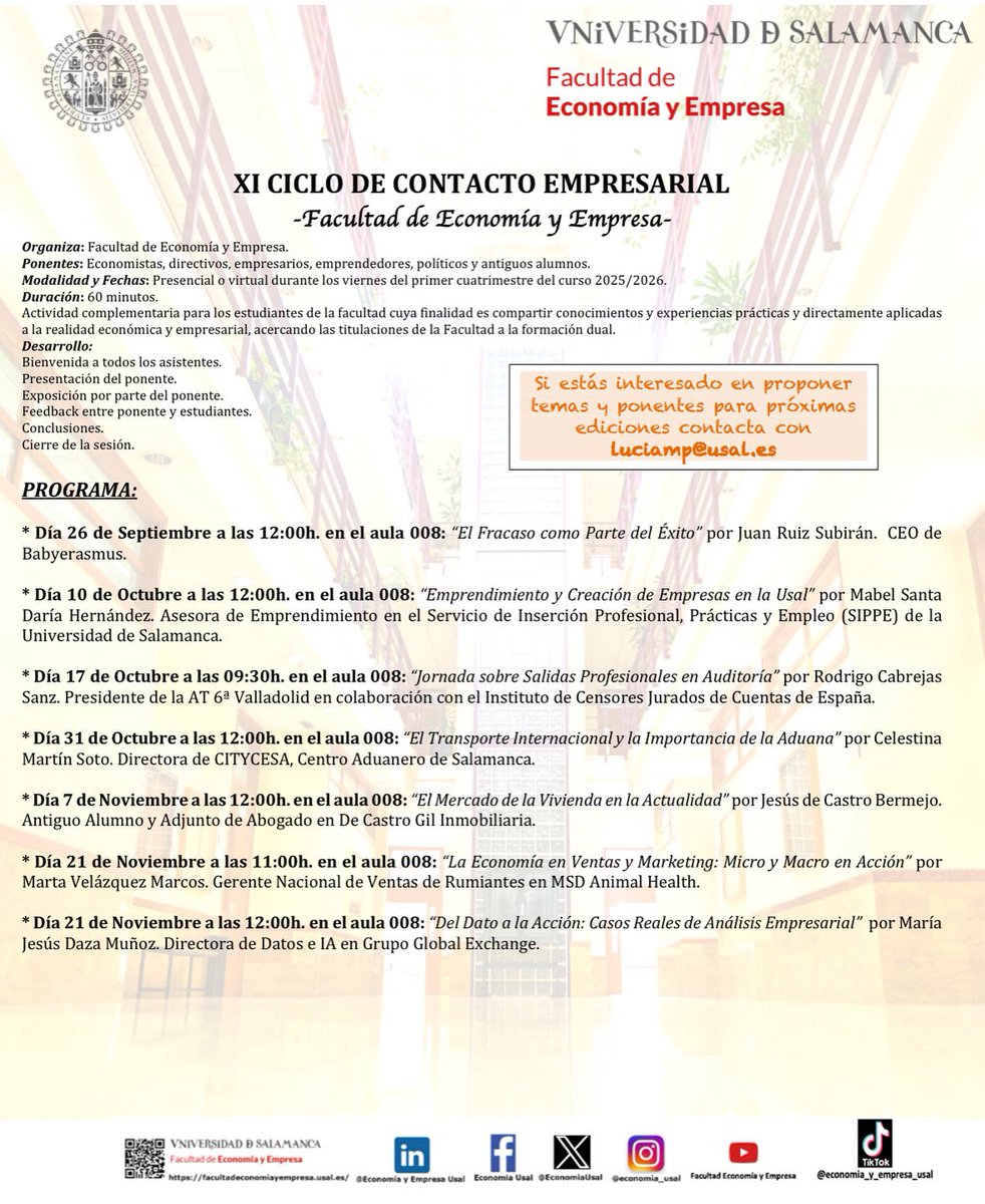 🧡🎉Con enorme #Ilusión mañana arrancamos el #XICicloDeContactoEmpresarial de <a href="/EconomiaUsal/">Economía y Empresa</a> de <a href="/usal/">Universidad de Salamanca</a> 

Nuestro gran agradecimiento a ponentes, empresas, empresarios, directivos y antiguos alumnos, así como a la familia de <a href="/EconomiaUsal/">Economía y Empresa</a> 

G R A C I A S 

👉 facultadeconomiayempresa.usal.es/wp-content/upl…