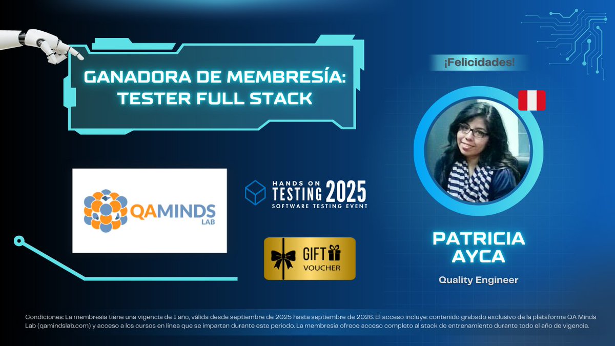 handsontesting's tweet image. 👏  ¡Felicitamos a la ganadora de la beca Tester Full Stack sorteada en #HandsOnTesting!

Patricia Ayca 🇵🇪 disfrutará de un membresía completa de entrenamiento de @qamindslab, que le brindará las herramientas necesarias para potenciar sus habilidades en #QA y #SoftwareTesting.