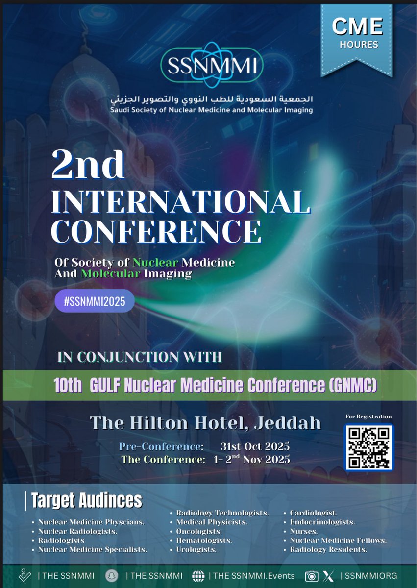 SSNMMIorg's tweet image. Join Us at the 2nd SSNMMI International Conference!!! 📣✨

The Saudi Society of Nuclear Medicine and Molecular Imaging (SSNMMI) is pleased to announce its 2nd International Conference held in conjunction with the 10th Gulf Nuclear Medicine Conference (GNMC).

📍 Venue: The…