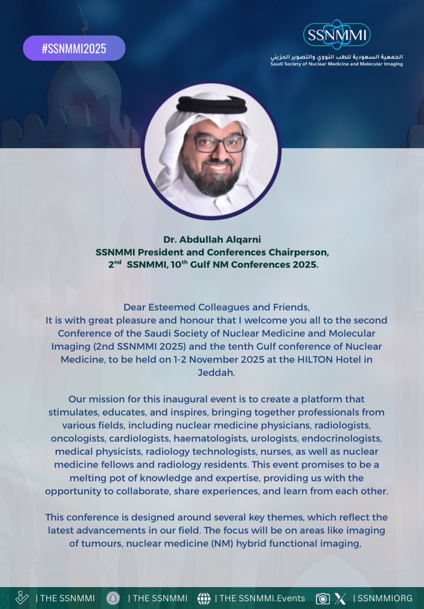 SSNMMIorg's tweet image. Join Us at the 2nd SSNMMI International Conference!!! 📣✨

The Saudi Society of Nuclear Medicine and Molecular Imaging (SSNMMI) is pleased to announce its 2nd International Conference held in conjunction with the 10th Gulf Nuclear Medicine Conference (GNMC).

📍 Venue: The…