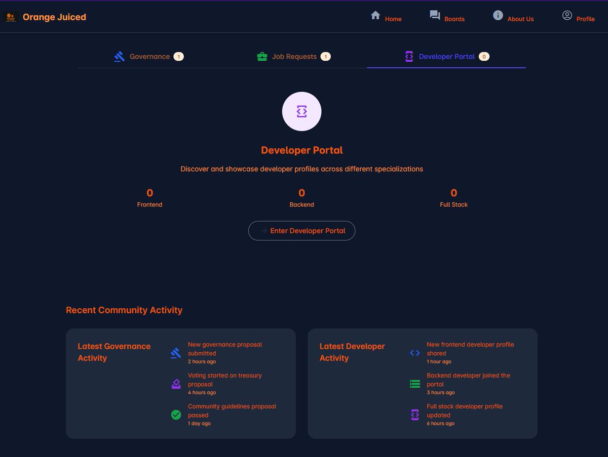 Added a developer portal so job sourcing can be done with developers who post their skills and CVs in this portal as well as still maintaining the old job requests portal for submitted requests for developers <a href="/orange_web3/">Orange Web3</a> #orange #web3 #juice #orangejuiced
orangejuiced.com/boards/home