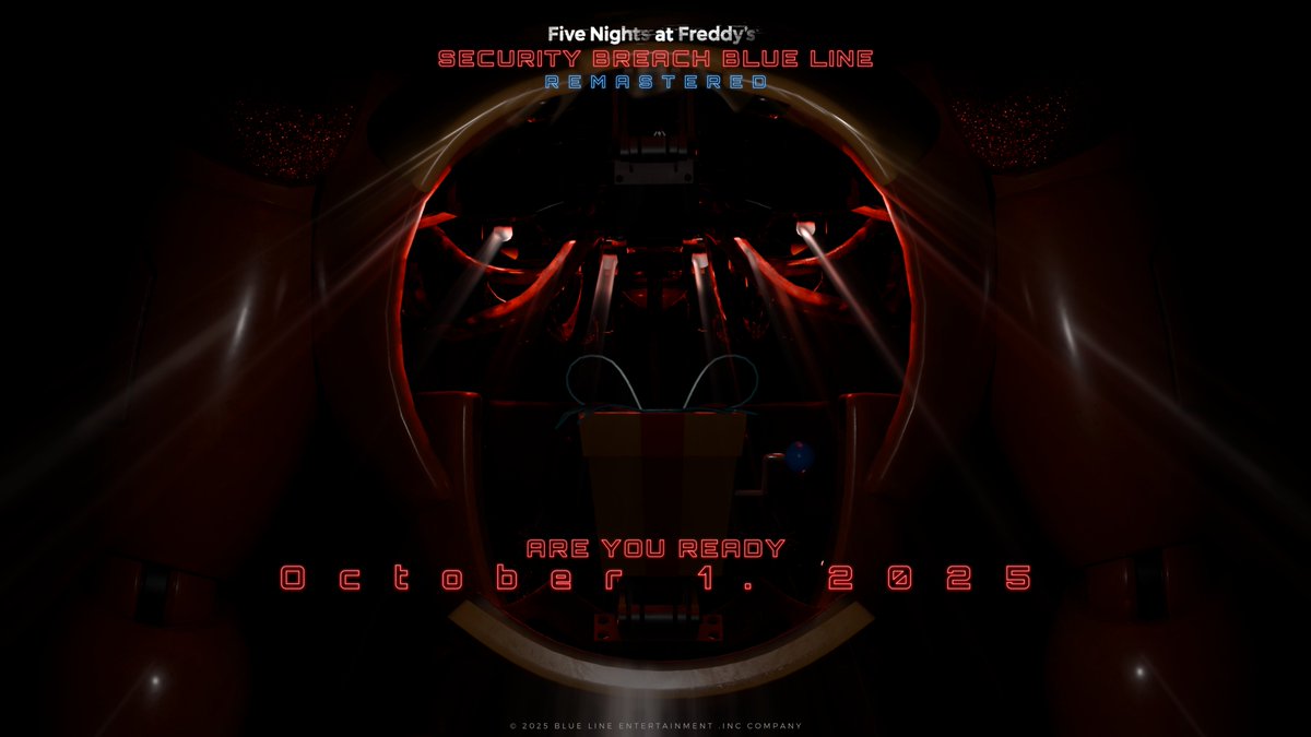 Blue_Line_INC's tweet photo. October 1, 2025, Five Nights at Freddy's Security Breach Blue Line Remastered will finally launch.  This release raises the bar with immersive atmosphere, innovative gameplay, and a gripping narrative. 

Are you Ready?! https://t.co/wzqdHItPHG