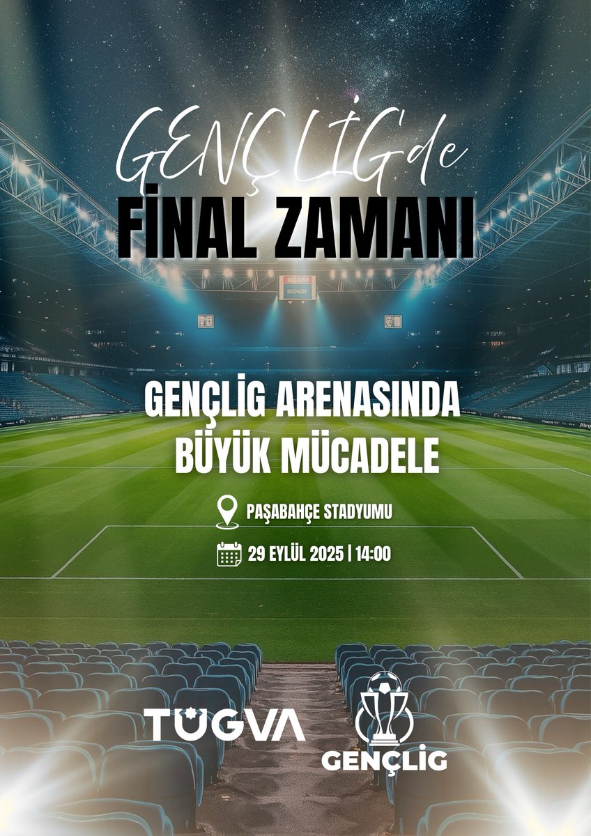 GENÇLİG TÜRKİYE FİNALİ Maçı'nda Buluşuyoruz!⚽

Finale kalan 7 takım, “Büyük Final”de kupayı kaldırmak için mücadele edecek.

Bu coşkuya ortak olmak için seni de tribünlere bekliyoruz! 🏆✨

🗓️29 Eylül 2025
🕑14.00
📍Paşabahçe Stadyumu