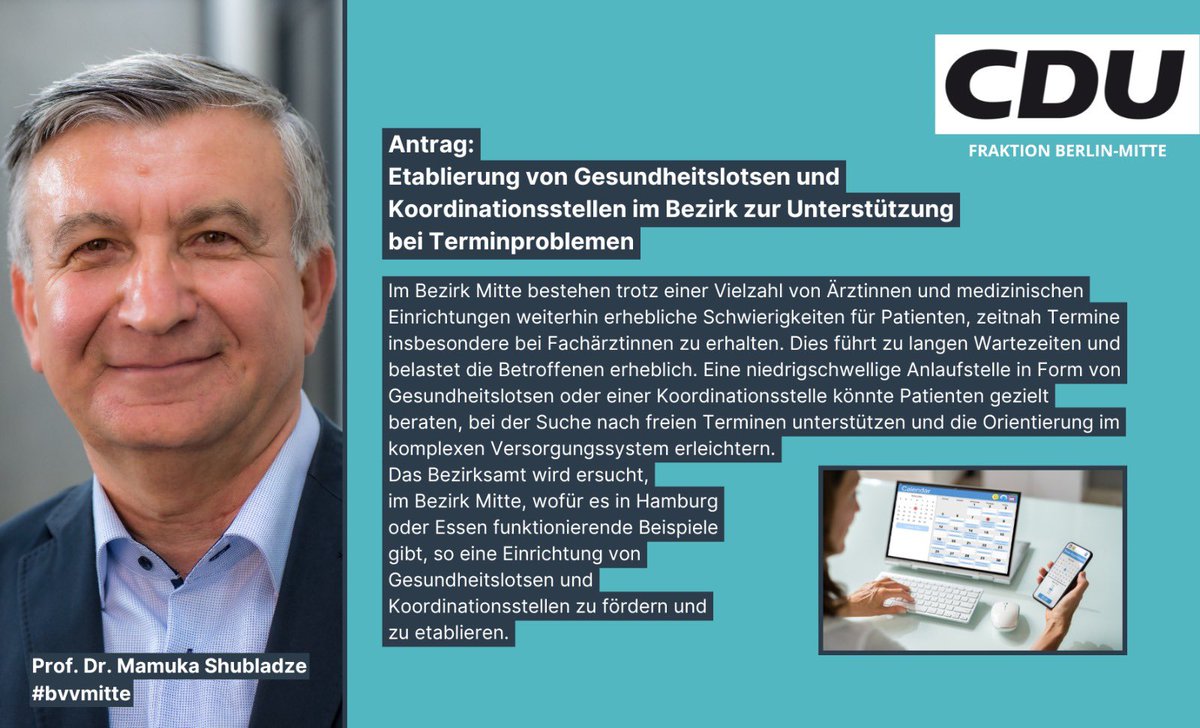 Unser Antrag zu einer Entlastung des Terminproblems im Gesundheitssystems wurde zur weiteren Beratung von der BVV Mitte in den zuständigen Fachausschuss überwiesen.
#bvvmitte