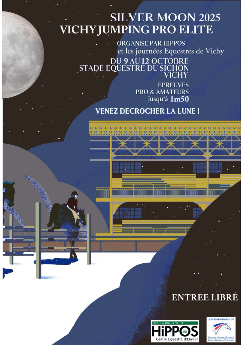 [#Équitation] 📣 Le Trophée Silver Moon revient à Vichy du 10 au 12 octobre ! 300 cavaliers attendus. Ne manquez pas le Grand Prix 1,50 m le dimanche : une épreuve rare en France, du saut d’obstacles de haut niveau ! 🏇