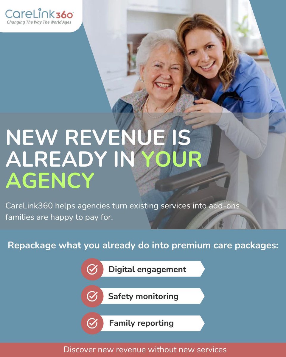 Carelink360HCS's tweet image. 💡 More revenue ≠ more services. With CareLink360, agencies repackage existing care into premium add-ons—digital engagement, safety monitoring &amp;amp; family reporting—that families happily pay for.

#HomeCareInnovation #ClientOutcomes