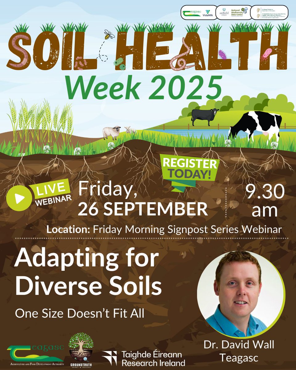 teagasc's tweet photo. Reminder: Live webinar tomorrow morning with Dr. David Wall, Soil Biogeochemist Researcher, Teagasc about Adapting for Diverse Soils and how a one size all approach doesn't suit all. Register now at https://t.co/Wye3yA8L0E #SoilHealthWeek #GroundTruth https://t.co/m9aLMUlmia