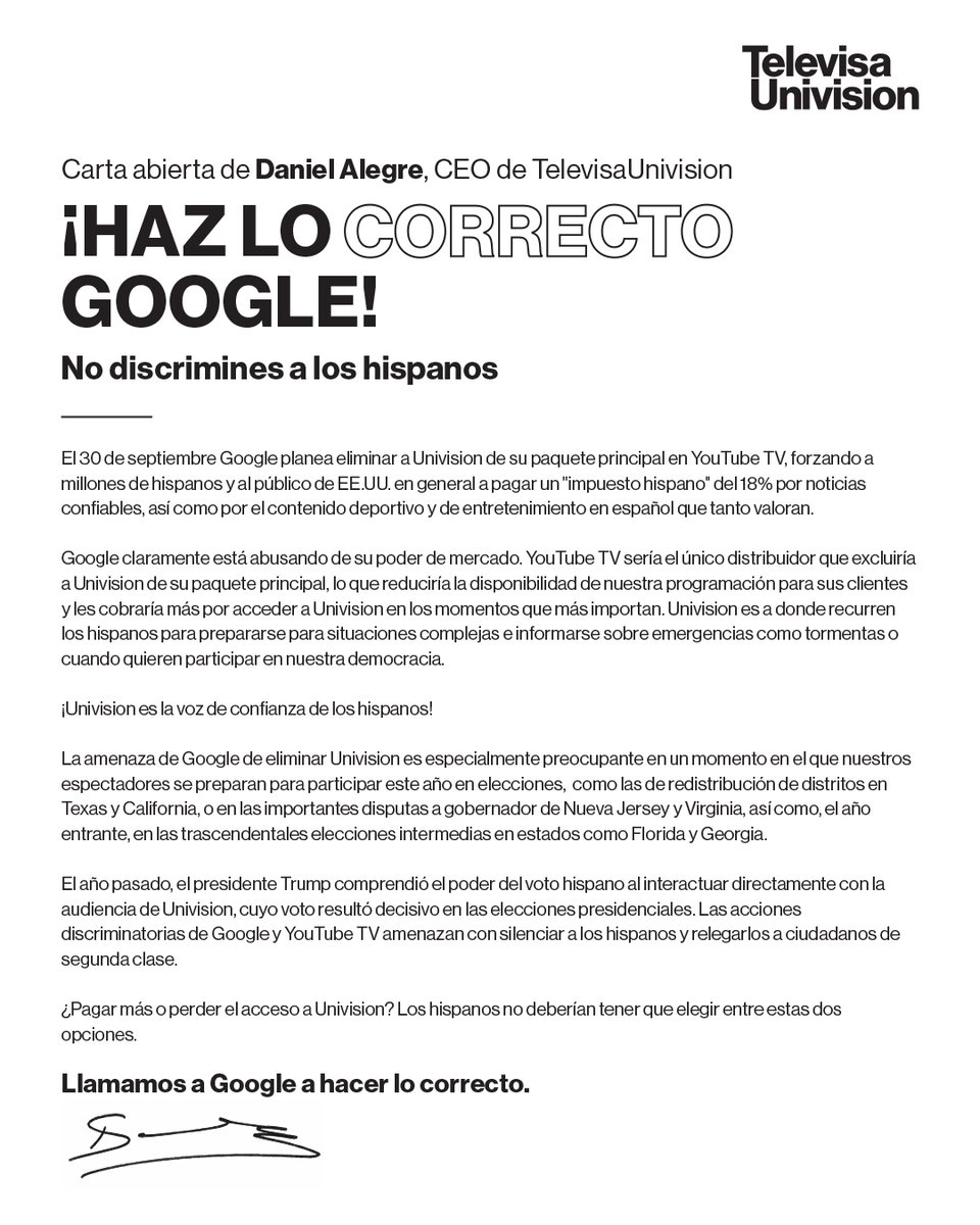 ¡18% más por ser hispano? 😡  Google quiere quitar Univision de YouTube TV y dejarte sin lo que más te gusta. ¡No lo vamos a permitir! ✋ 💪  #NoAlImpuestoHispano #HazLoCorrectoGoogle