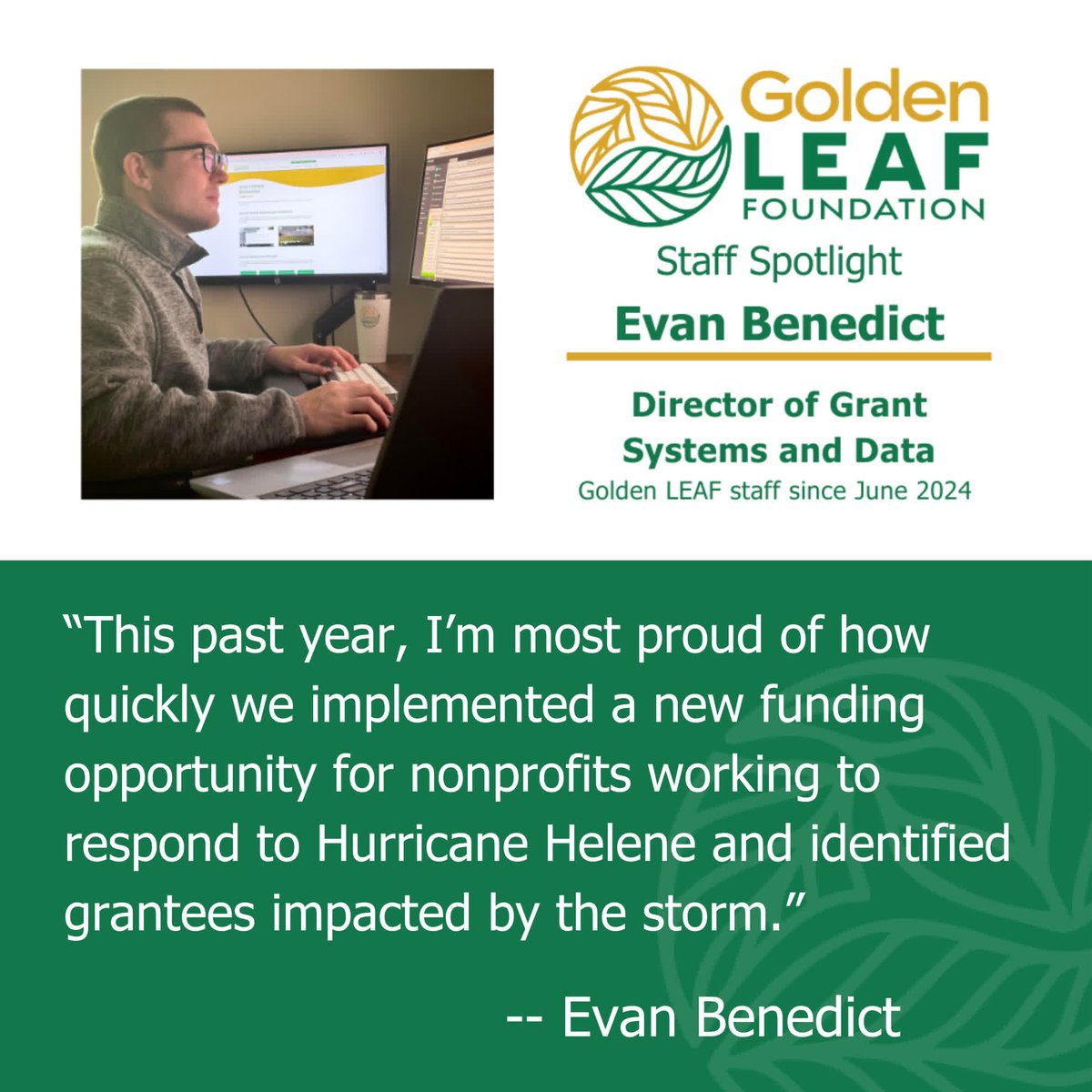 🌟Staff Spotlight🌟
We're thrilled to highlight Evan Benedict, a key member of our Golden LEAF team. His work focuses on our grant management system and the data it contains. Discover more about Evan's impact: goldenleaf.org/staff-spotligh… 
#GrantManagement #GoldenLEAF #DataManagement