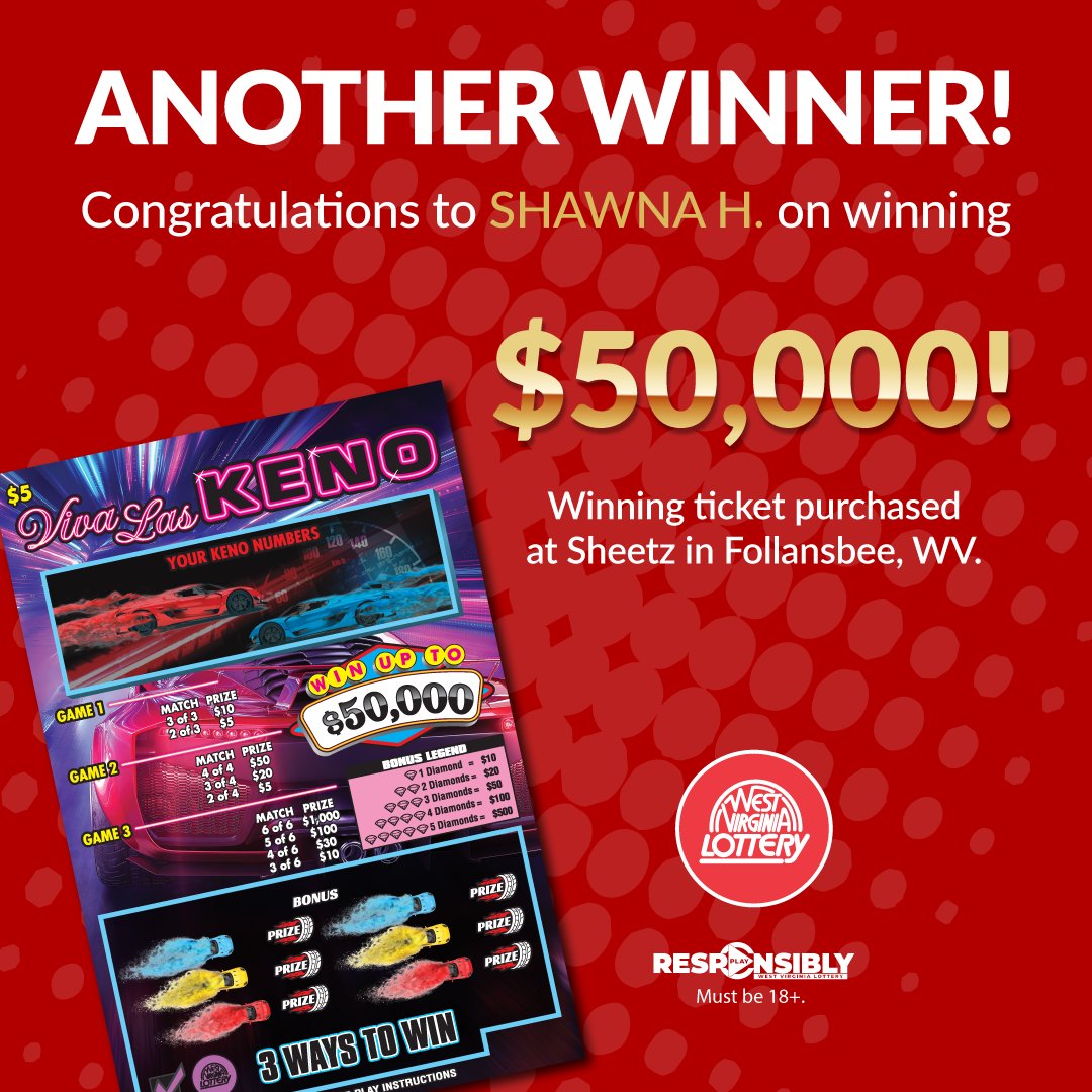 🎉 Congratulations to Shawna H. on winning $50,000 with a Viva Las Keno scratch-off! 🥳
The lucky ticket was purchased at Sheetz in Follansbee, WV.

👉 wvlottery.com/games/scratch-…
#PlayWVLottery #PlayResponsibly