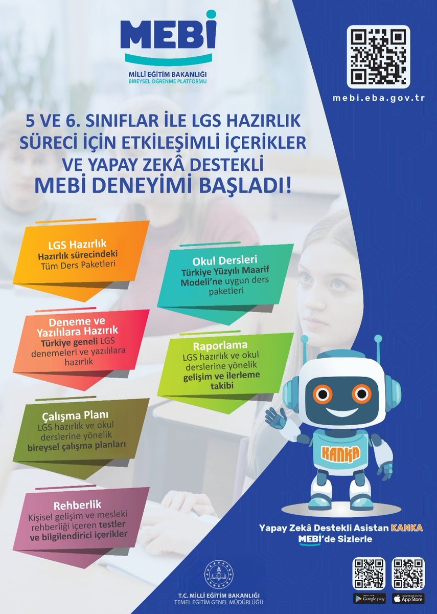 Tüm ortaokullarda 26 Eylül 2025 Cuma günü ikinci ders saatinde “MEBİ Tanıtım Etkinliği” gerçekleştirilecek.

🔗meb.ai/5uAbSJ

<a href="/tcmeb/">Millî Eğitim Bakanlığı</a> <a href="/Trabzon_MEM/">Trabzon İl Milli Eğitim Müdürlüğü</a> <a href="/mdemircioglu01/">Mustafa DEMİRCİOĞLU</a>
<a href="/HayratMEM/">Hayrat İlçe Milli Eğitim Müdürlüğü</a>
#MEBİ