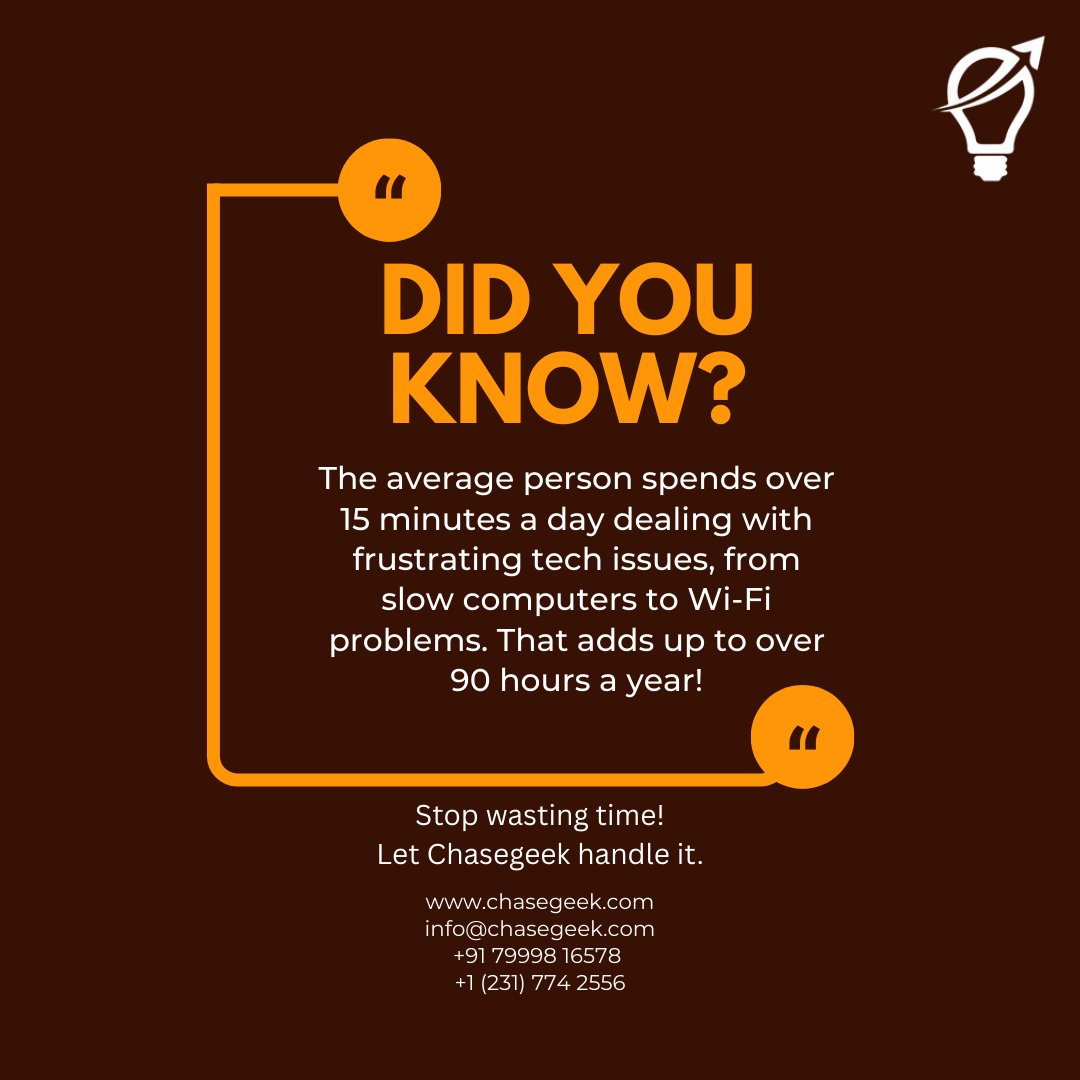 chasegeek's tweet image. Did you know? The average person wastes over 90 hours a year on frustrating tech issues.
Stop wasting time! Let us handle your tech.
#TechSupport #ITSolutions #Productivity #TechTips #ChaseGeek