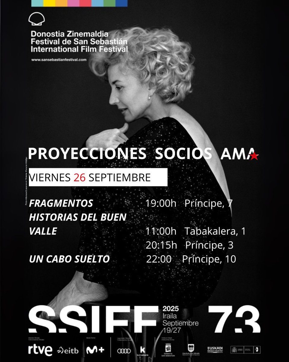 AMA_audiovisual's tweet image. #73SSIFF  #SociosAMA

Proyecciones del viernes 26 de septiembre de nuestros asociados en el @sansebastianfes:

🎞️ FRAGMENTOS #MadeinSpain

Dirigida por Horacio Alcalá @HoratAlcala, cuenta con la producción de La Noria Producciones en colaboración con nuestros asociados @AF_films_