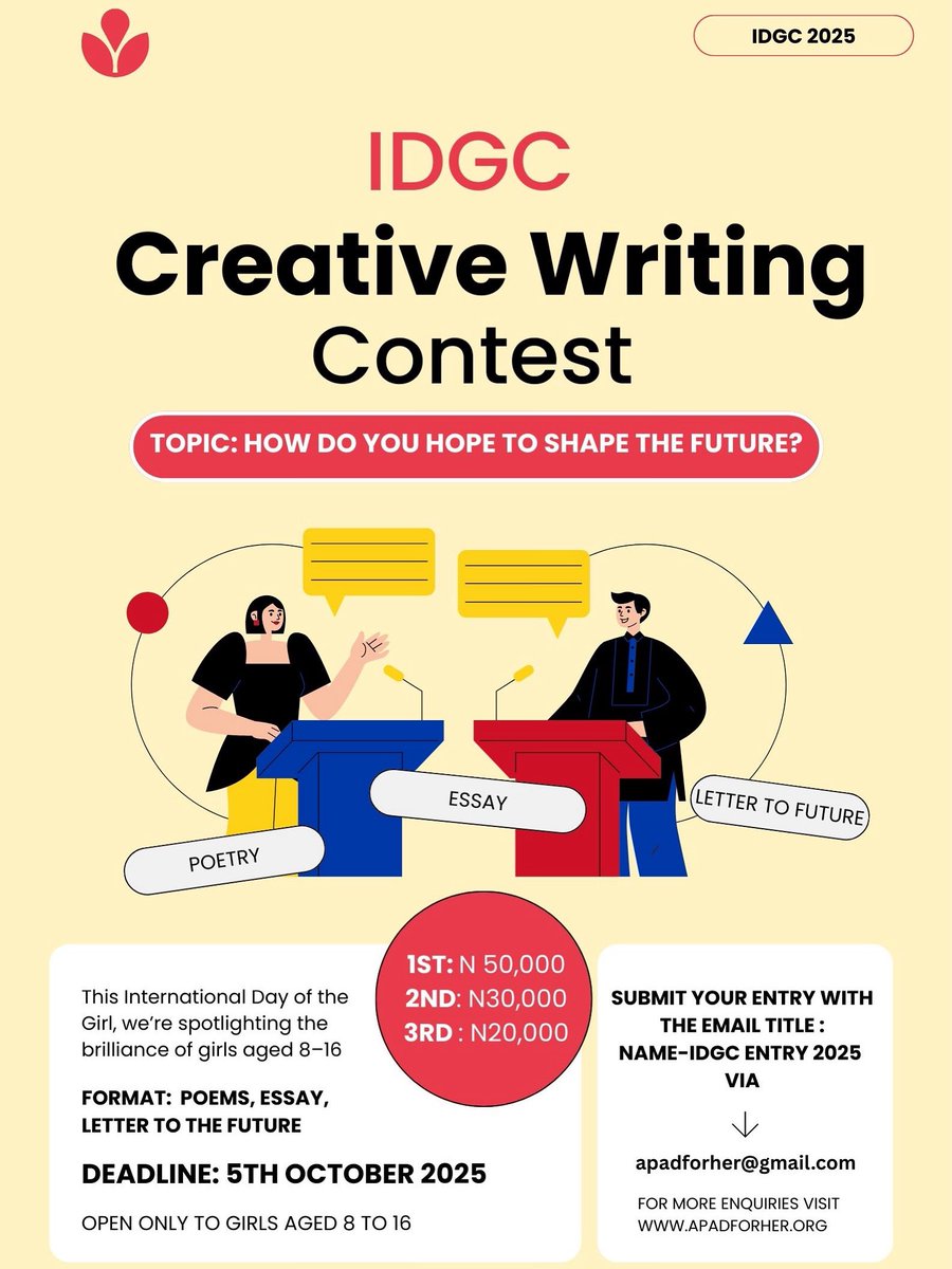 apadforher's tweet photo. This #InternationalDayOfTheGirl, we’re giving girls a platform to dream through our Creative Writing Contest for girls 8–16 Theme: How Do You Hope to Shape the Future? Format: Poem, essay, or letter to your future self
Deadline: Oct 5, 2025
Submit: apadforher@gmail.com
Goodluck https://t.co/aDVhuHpqD8