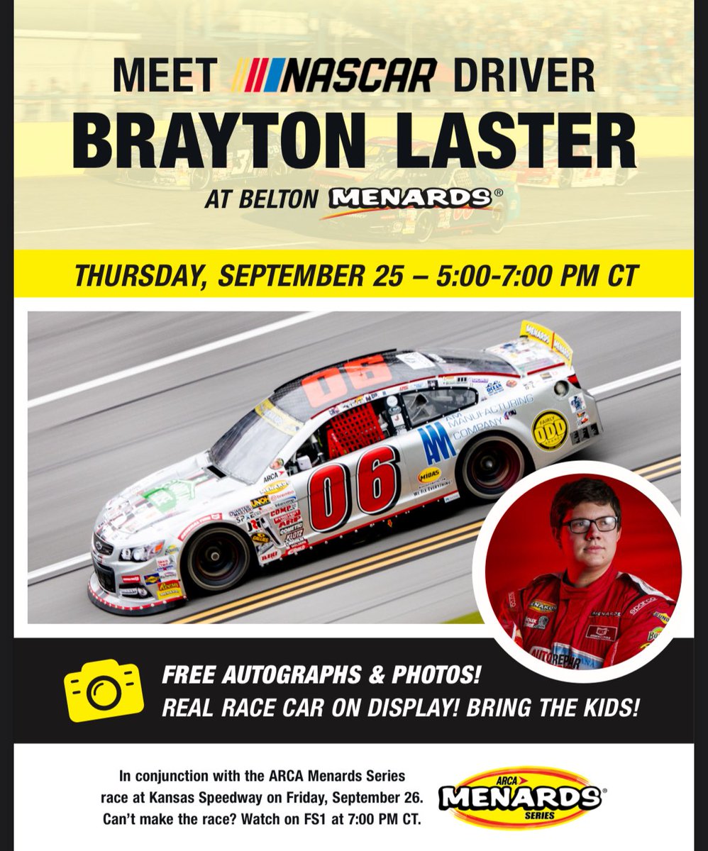 Come see me and the Wayne Peterson Motorsports team tonight at the Belton Menards just outside Kansas City from 5:00 - 7:00 PM!