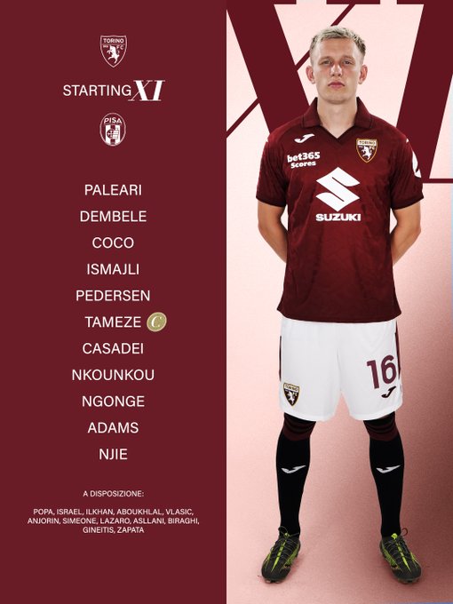A person wearing a maroon and white Torino FC football jersey with the number 16, standing with hands on hips. The jersey features logos for bet365 and Suzuki. A list of names on the left side reads PALEARI, DEMBELE, COCO, ISMAILI, PEDERSEN, CASADEI, TAMEZE, CASALEI, NKOUDOU, NGONGE, ADAMS, labeled as the starting XI.