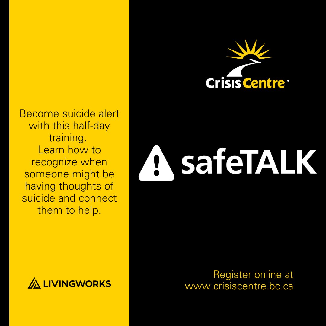 Join us to help create suicide-safer communities by attending safeTALK, a half-day training in suicide alertness and response.

For more information visit crisiscentre.bc.ca/training/safet…