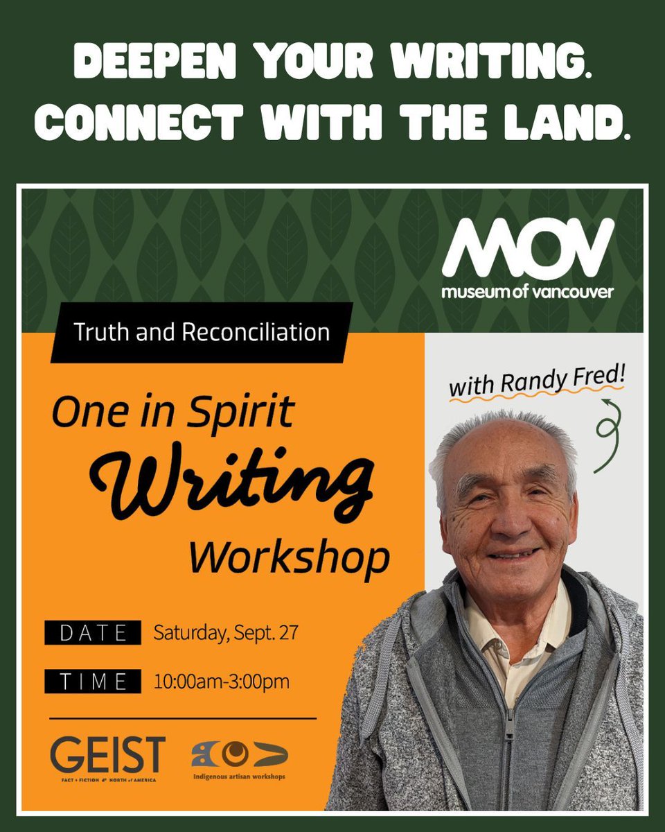 This Saturday. Spots are limited!

Are you a writer wanting to connect your work to the history of this land? Or an educator looking for guidance on how to approach Truth and Reconciliation? This workshop is designed to support you. 

Register at buff.ly/IurQrOZ.
