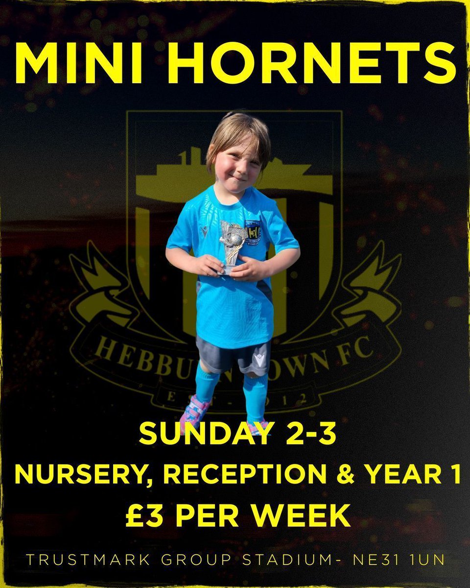 🐝 Mini Hornets! 🐝 
This is a fantastic chance for girls to get started in football. 

Reserve your spot now using our new booking system 👇  hebburntownjuniorsfc.com/payasuplay