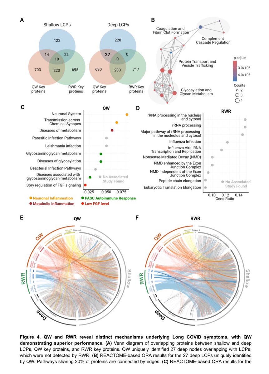 vipintukur's tweet photo. Compared to the conventional random walk with restart (RWR) method, QW demonstrated superior capacity to traverse deeper regions of the network, uncovering proteins and pathways implicated in LongCOVID.
➡️ The analysis flagged #VDAC1 (a mitochondrial calcium channel) and the CDGSH iron-sulfur protein family as potential biomarkers or therapeutic targets.
➡️ The researchers note that some existing compounds (e.g. #cannabidiol) that interact with related pathways might have relevance. 2/