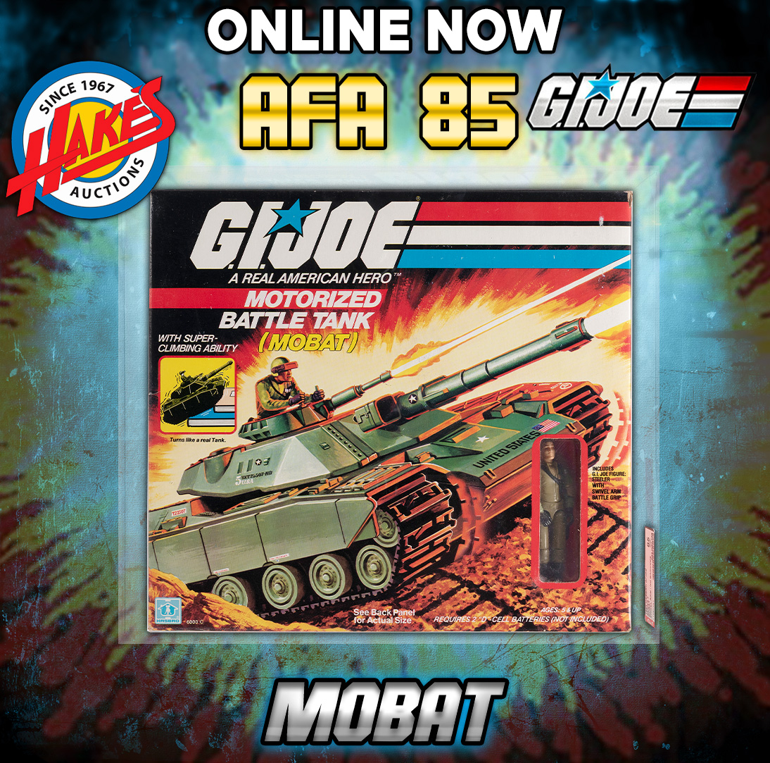HakesAuctions's tweet photo. ENDING SOON! This AFA 85 MOBAT is among the ARMY of G.I. Joe relics in Hake’s EXCLUSIVE G.I. Joe Auction! Ending Sept. 25! https://t.co/591M1eVot4
Hake’s, the #1 Action Figure Auction House in the World!
#actionfigures #HakesAuctions #GIJoe #VintageToys #ConsignNow https://t.co/HAq1jg0VBh