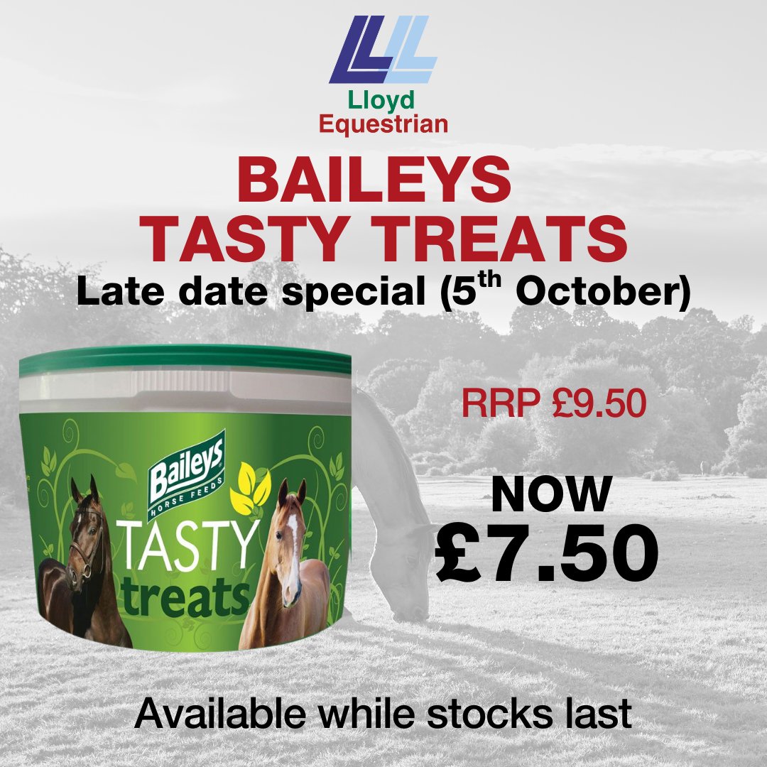 LloydEquestrian's tweet photo. *** SPECIAL PRICE WHILE STOCKS LAST ***
 
At Lloyd Equestrian we have a limited number of Baileys Tasty Treat 5kg tubs which are best before 5th October.
 
As a result, we are offering them at the special price of £7.50.
 
RRP £9.50
 
Special price: £7.50
 
While stocks last. https://t.co/7daVsRl6SK