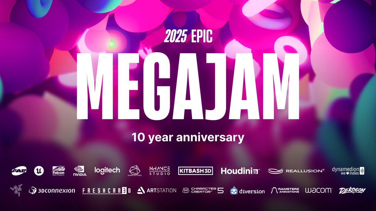 UnrealEngine's tweet image. Get ready to unleash your creativity, because the 2025 Epic MegaJam is coming your way!
Gather your team and prepare for a week of game dev magic as we celebrate 10 years of innovation with a chance to win amazing prizes courtesy of our sponsors. Register now, full details here:…
