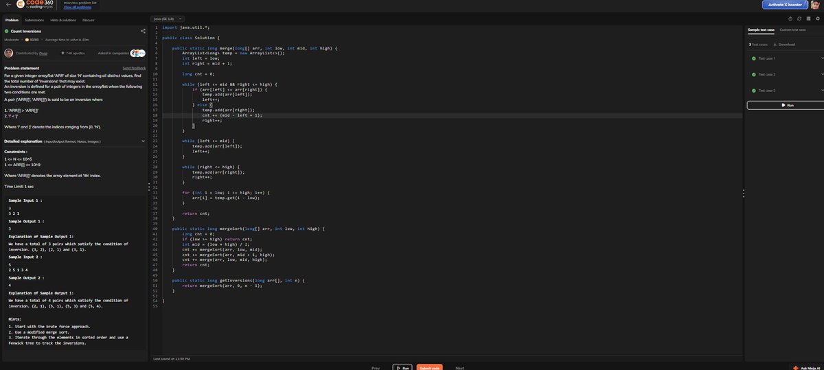 Uday246r's tweet photo. Day 69
Today I solved the Count Inversions problem using Merge Sort in Java.
🔹 Practiced divide &amp; conquer
🔹 Learned how to track inversions efficiently
🔹 O(N log N) solution using modified merge sort
#Java #DSA #Coding https://t.co/aNF1ZAYX3Z