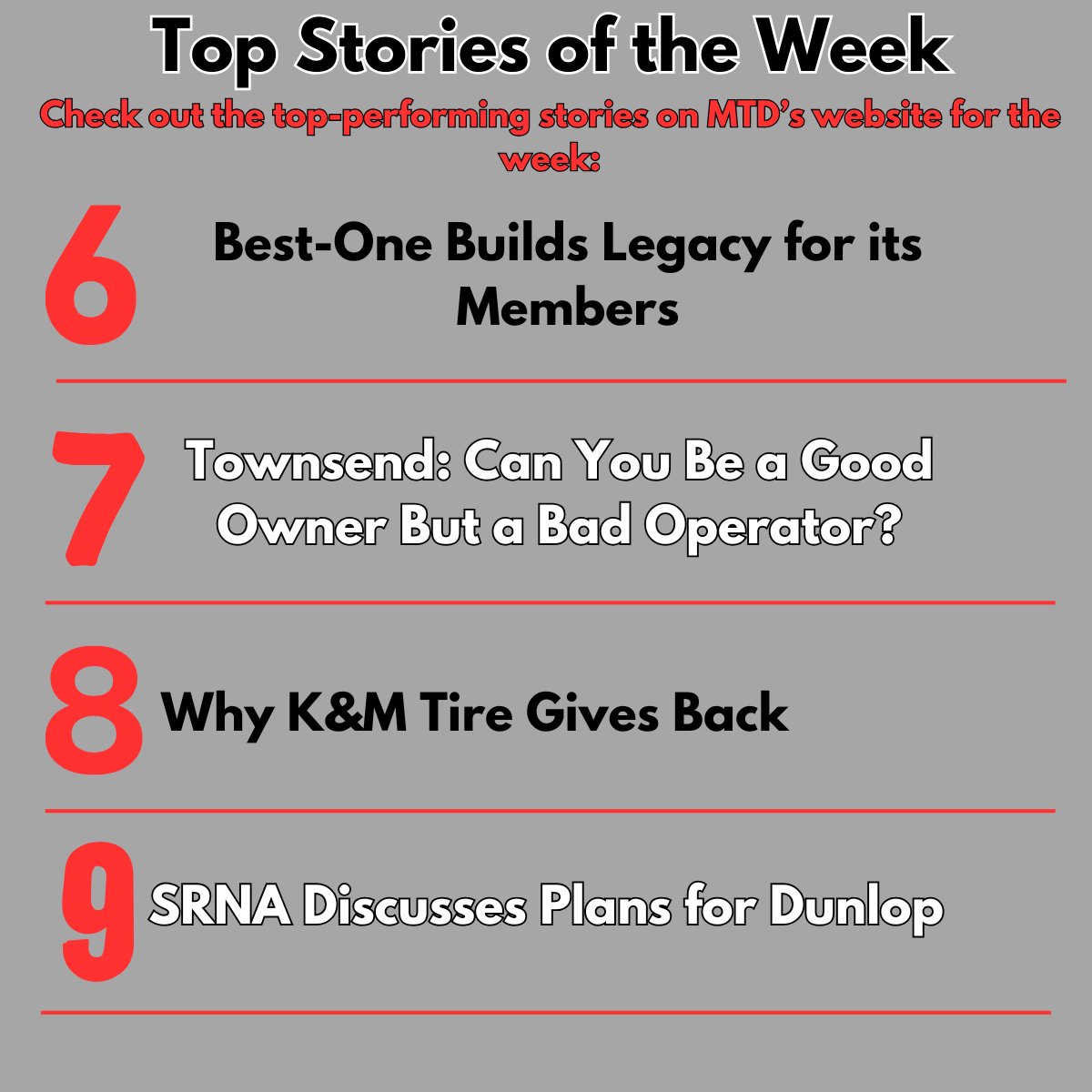 Happy last Friday in September! MTD had NINE top stories on its website this week. Head over to moderntiredealer.com to read the top stories and stay up-to-date with all tire industry-related news.