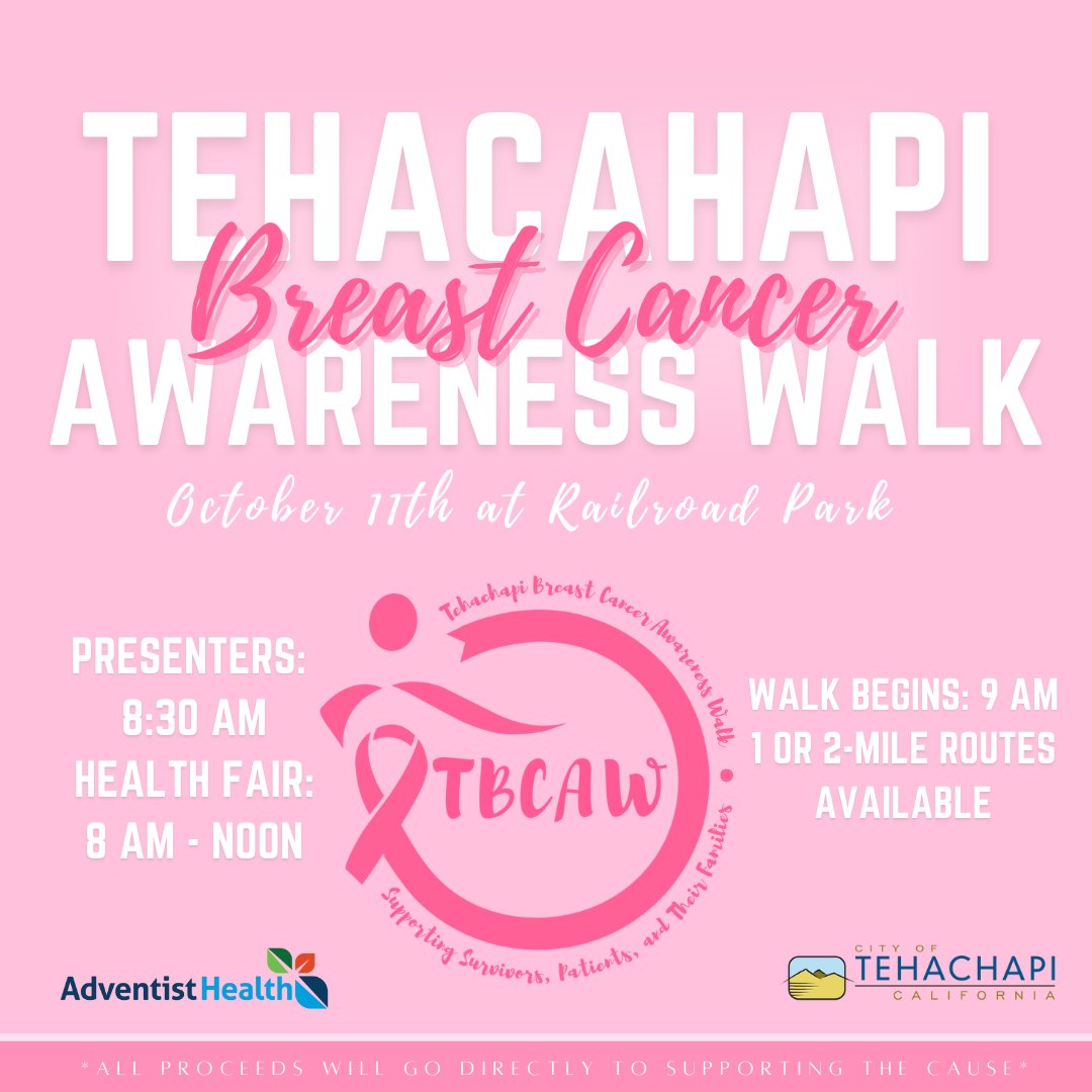 The City of Tehachapi is hosting a Breast Cancer Awareness Walk on Saturday, October 11, starting at Railroad Park.