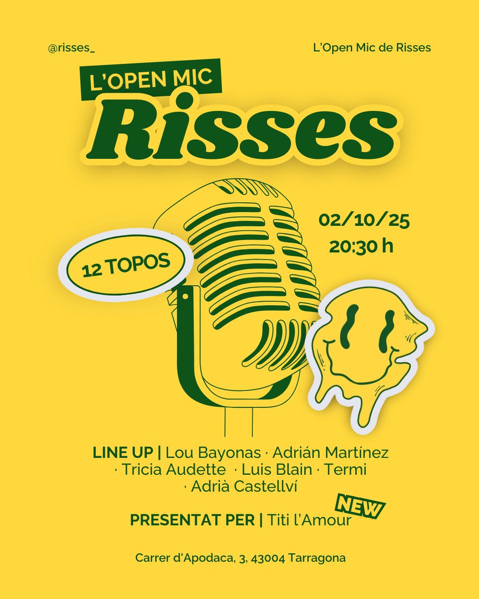 Bon any nou, tarragonins! 🎉

Amb l’Amparito encara ressonant i la ressaca emocional post-Santa Tecla, tornem per animar-vos amb l’Open Mic de Risses. 

👋 Ens veiem el 2 d’octubre a les 20.30 h al 12 Topos.

#agendatgn #comedia #standup #tarragona #risses