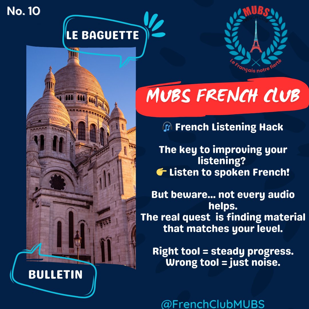 FrenchClubMUBS's tweet image. Le Baguette Bulletin No. 10 🎧

They say practice makes perfect… but only with the right French audio.
French listening isn’t just about hearing sounds, it’s about picking the right ones.

  Sacré-Cœur (featured monument.
#LeBulletinDuJour #LanguageLearning #FrenchInUganda