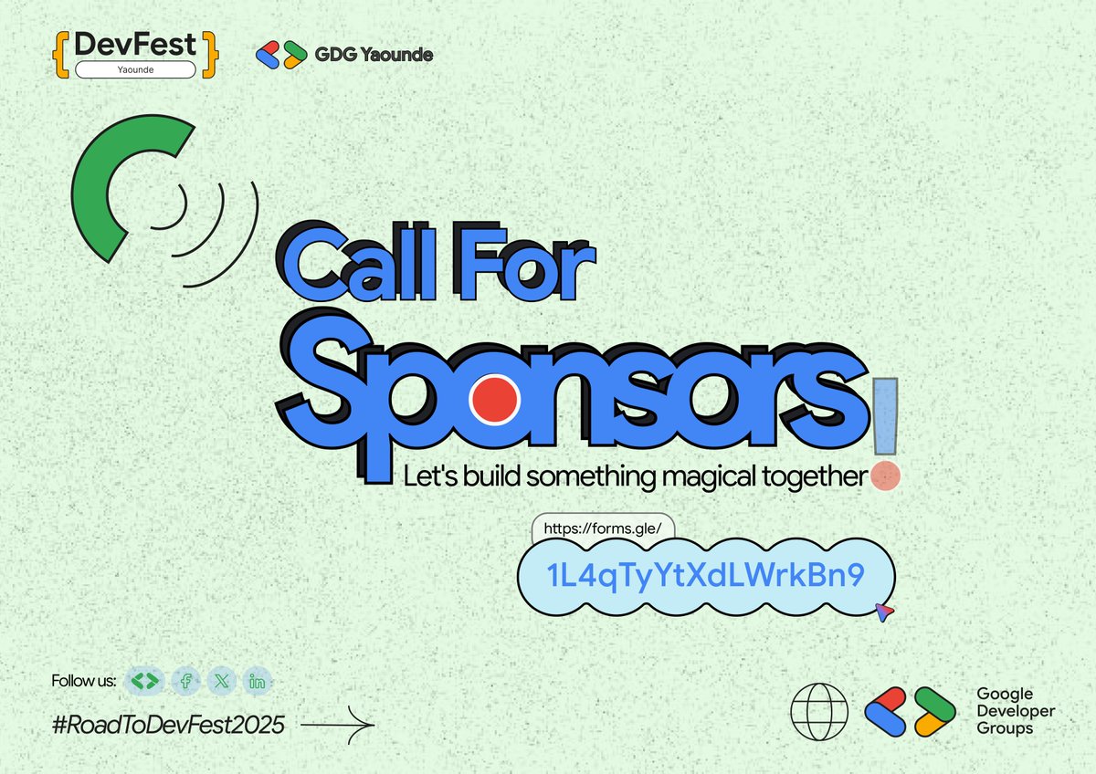 🌟 Call for Sponsors! 🌟
#DevFestYaounde2025 is coming 🚀
Want to showcase your brand, connect with top talents &amp; boost visibility in the tech ecosystem?

👉Contact us today &amp; let’s build the future together 💡

🎟 Info &amp; partnership: forms.gle/1L4qTyYtXdLWrk…

#GDGYaounde #DevFest