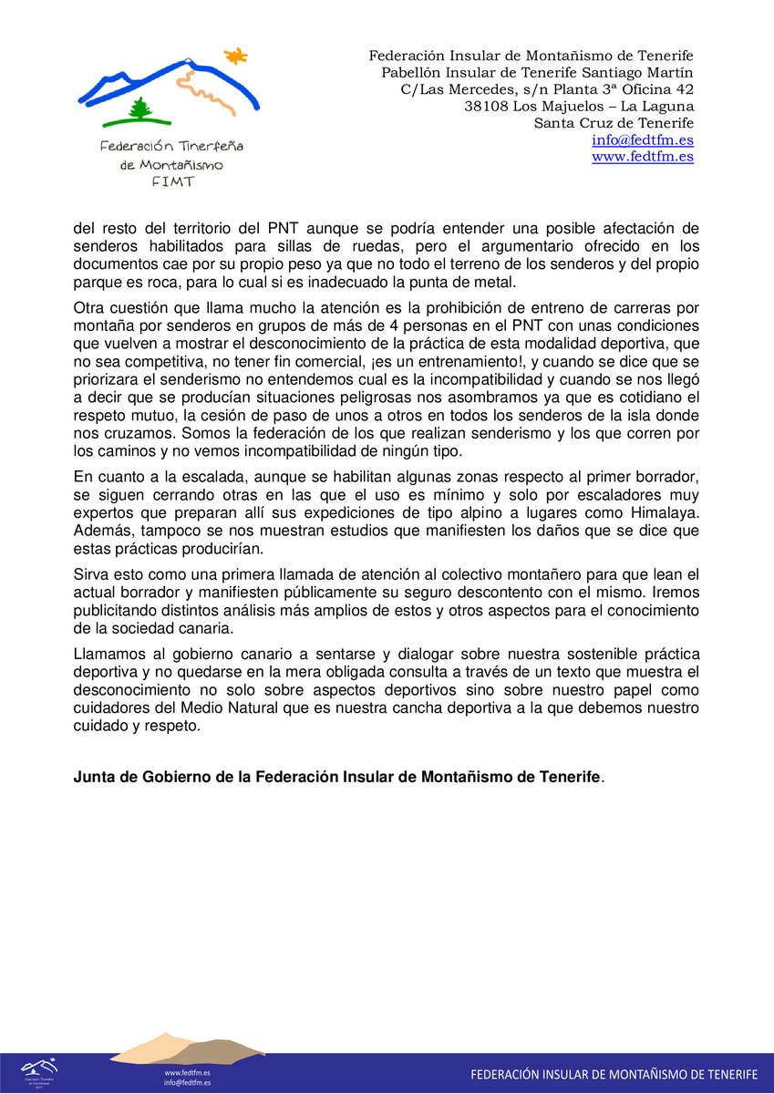 FEDTFM's tweet photo. El gobierno canario vuelve a poner de manifiesto el desconocimiento sobre la práctica del montañismo en el Parque Nacional del Teide
https://t.co/iRxgTK2nSX
#parquenacionaldelteide #prug #montaña #federaciontinerfeñademontañismo #Tenerife #Canarias https://t.co/KGtecquUgj