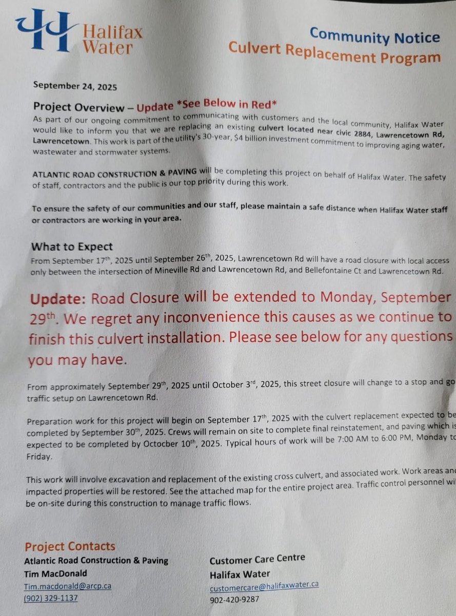 DETOUR EXTENSION! 
The Detour on Rte 207 by Lyla Drive closure for the cross culvert replacement is being extended to Monday Sept.29 - then after that stop &amp; go traffic control until the restoration is complete.