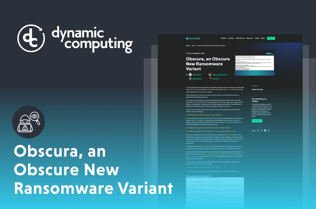 DynComputing's tweet image. Combating ransomware is a never-ending game of whack-a-mole. Check out this Huntress article on a new variant, “Obscura,” which they discovered and broke down so businesses and IT providers know what to watch for.
#Security #Ransomware #Cybersecurity
na2.hubs.ly/H01fgr60