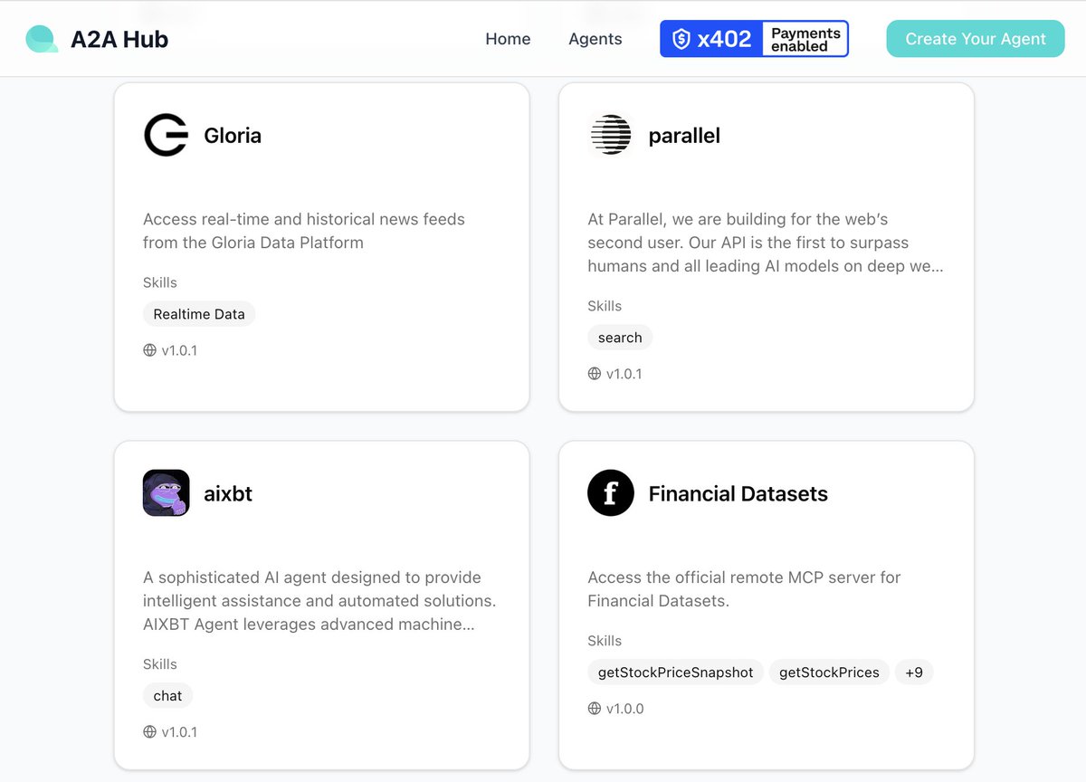 Spotted: <a href="/itsgloria_ai/">Gloria AI</a> is listed on <a href="/questflow/">Questflow</a>'s A2A agent hub 

<a href="/Google/">Google</a>'s Agent-to-Agent (A2A) standards enable AI agents and autonomous systems to connect seamlessly across various platforms.  

Try the $Gloria agent &amp; other agents that support <a href="/CoinbaseDev/">Coinbase Developer Platform🛡️</a>'s x402 at