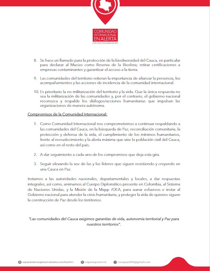 @EspacioPazenCol (@espaciopazencol) on Twitter photo 🇨🇴#ECP #Comunicado #SOSCauca | Organizaciones Internacionales de la Sociedad Civil que hacen parte del Espacio de Cooperación para la Paz <a href="/espaciopazencol/">@EspacioPazenCol</a> y sus copartes, suscriben este comunicado : "Las comunidades del Cauca exigimos garantías de vida, autonomía territorial y 🇨🇴#ECP #Comunicado #SOSCauca | Organizaciones Internacionales de la Sociedad Civil que hacen parte del Espacio de Cooperación para la Paz <a href="/espaciopazencol/">@EspacioPazenCol</a> y sus copartes, suscriben este comunicado : "Las comunidades del Cauca exigimos garantías de vida, autonomía territorial y