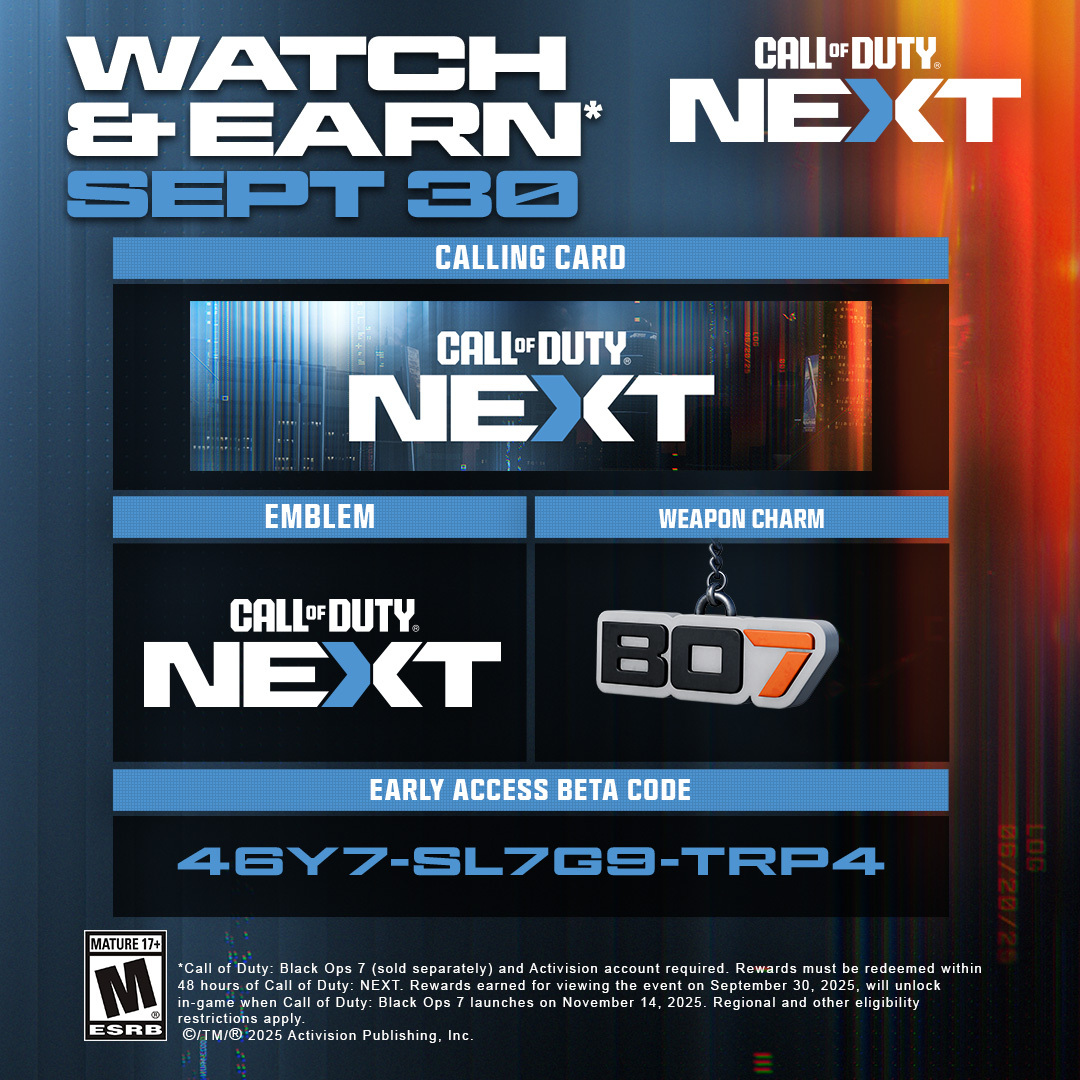 Tune into #CODNext and get rewarded 🎁

Watch the #CODNext broadcast on Twitch for 1 hour and receive a code for early access to #BlackOps7 Beta!